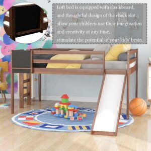 Full Size Loft Bed with Slide, Kids Low Loft Bed Frame with Chalkboard for Boys & Girls, Wood Full Slide Loft Bed with Under-Bed Space Storage (Walnut, Full)