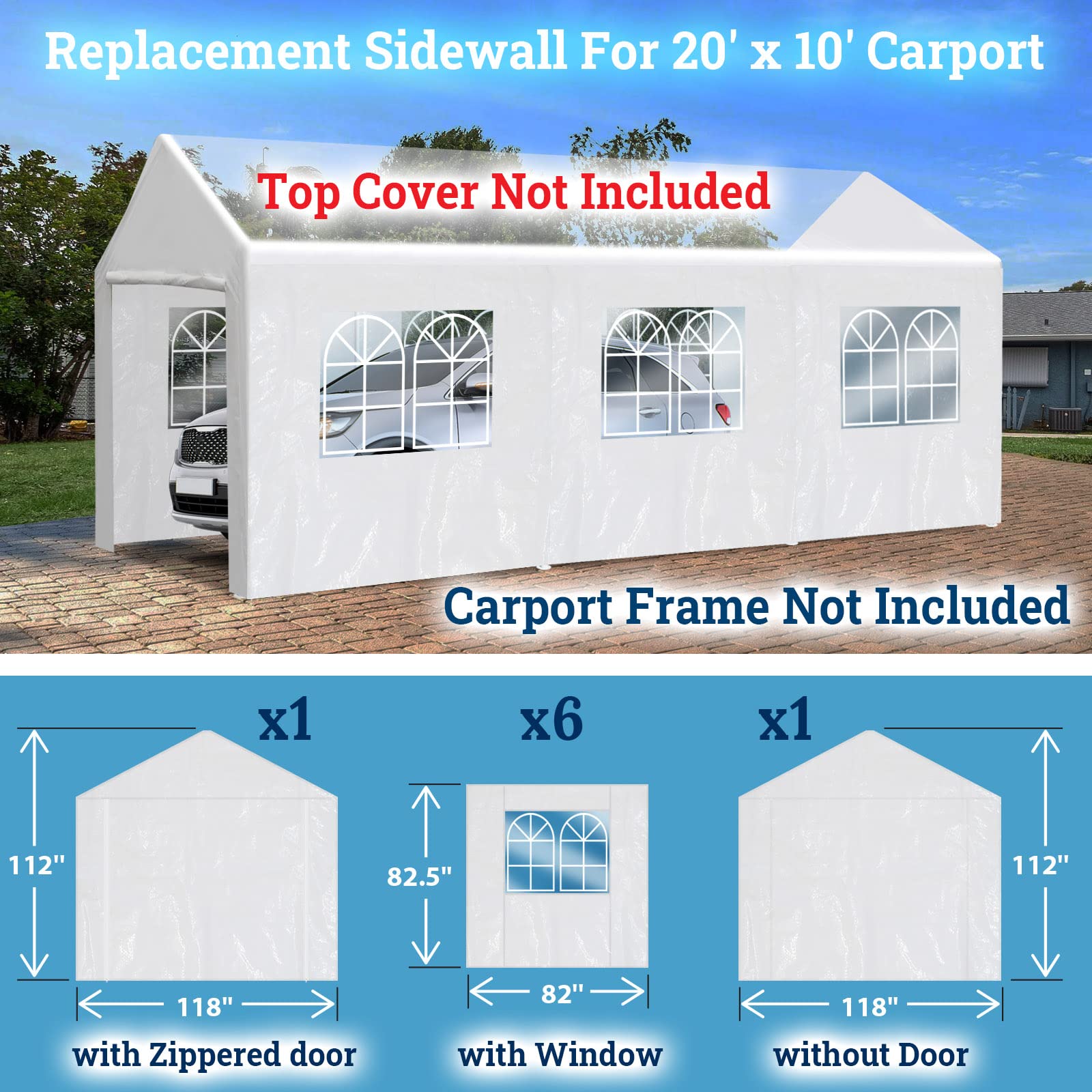 YardGrow 10'x20’ Carport Sidewall only Tent Replacement Kit Enclosed Panels with 2 Sidewalls and 2 Doors, 1 Door with Zipper