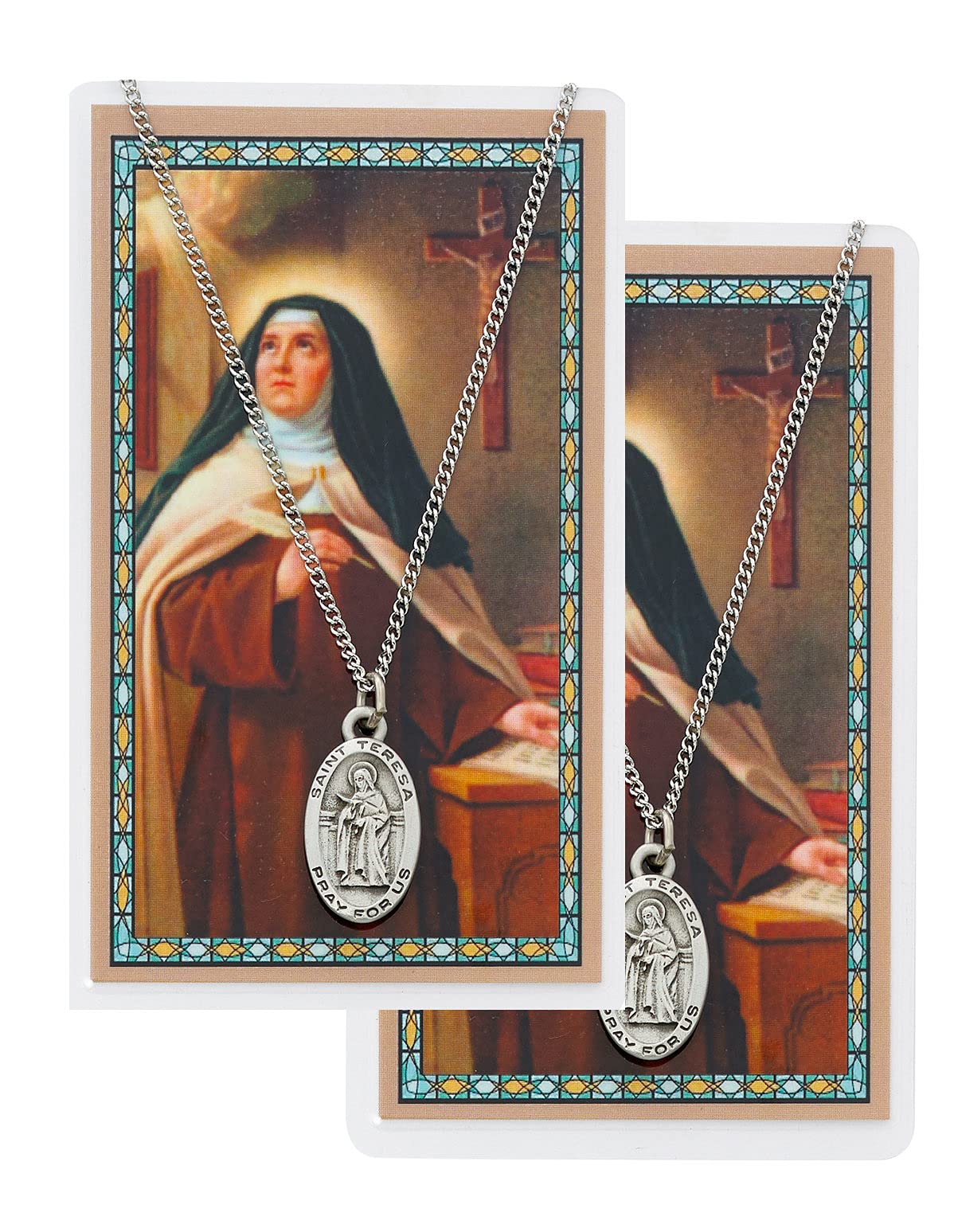 CatholicStore St. Teresa of Avila Pewter Medal with Laminated Holy Card, 18" Chain, 2-Count Value Pack. MCV-PSD500TH