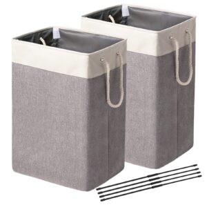 elong home laundry basket 2 pack, 75l laundry hamper with support rods and rope handles, freestanding laundry baskets, linen hampers for laundry room bathroom bedroom, grey+beige