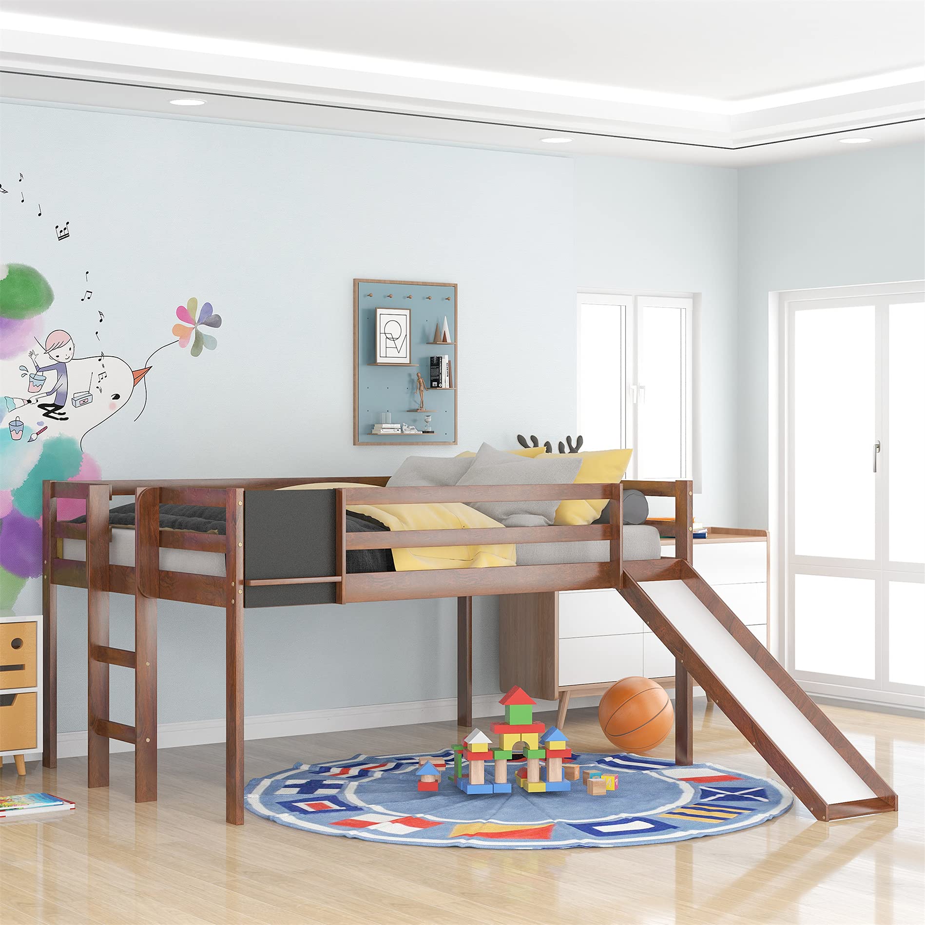 Full Loft Bed with Slide for Kids Wood Low Loft Bed with Ladder and Chalkboard, Kids Loft Bed Frame for Living Room Bedroom, Guest Room (Full Size, White)