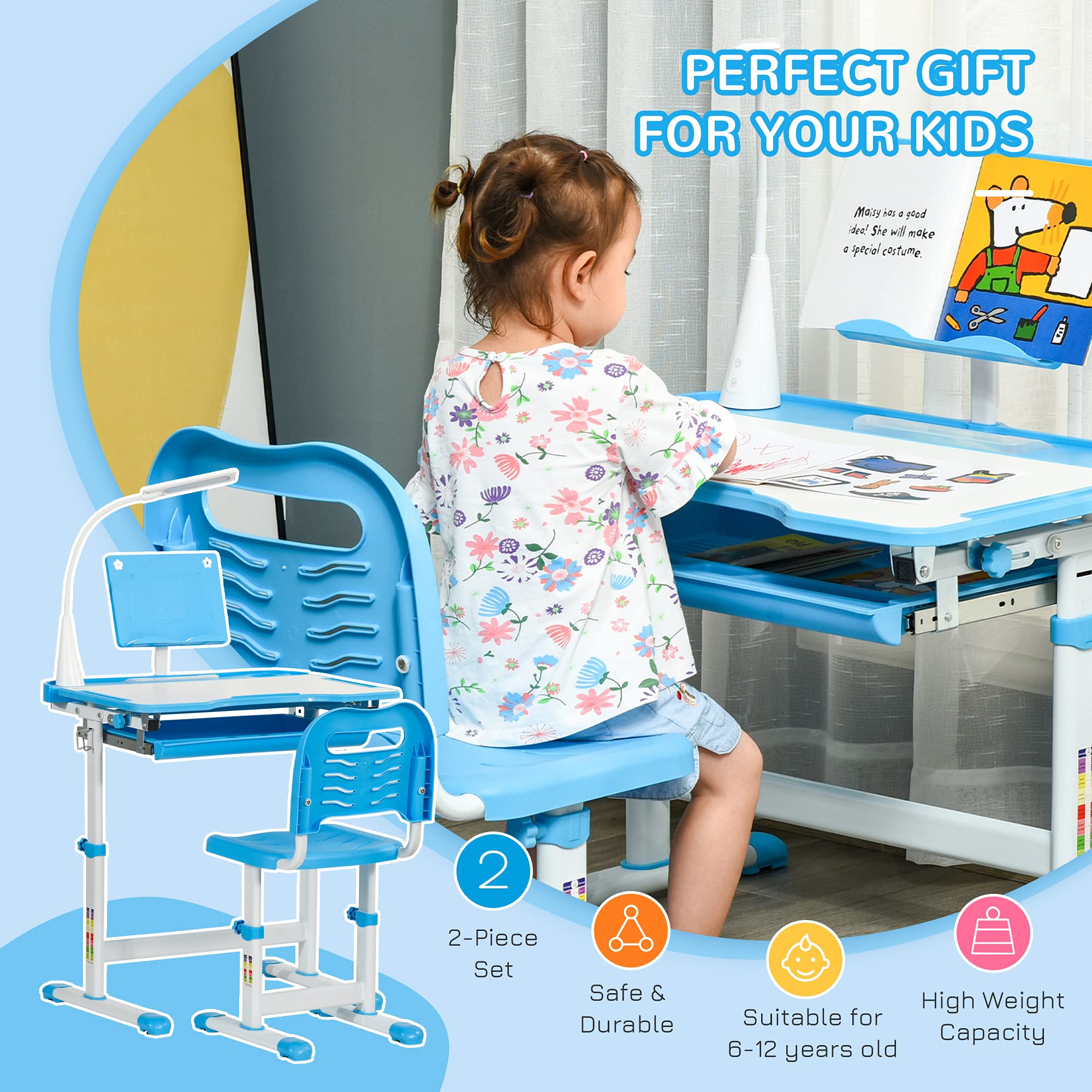 Qaba Kids Desk and Chair Set, School Study Desk with USB Light, Storage Drawer for Writing, Activities, Arts, or Crafts, Blue and White