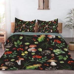 Darani Dark Wild Forest Mushrooms Duvet Cover Queen 90 x 90 in Ultra Soft Washed Microfiber Comforter Cover Sets 3 Pieces (1 Duvet Cover + 2 Pillow Shams)