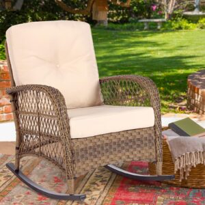 meetwarm outdoor wicker rocking chair, rattan patio rocker chairs with cushions and steel frame - beige