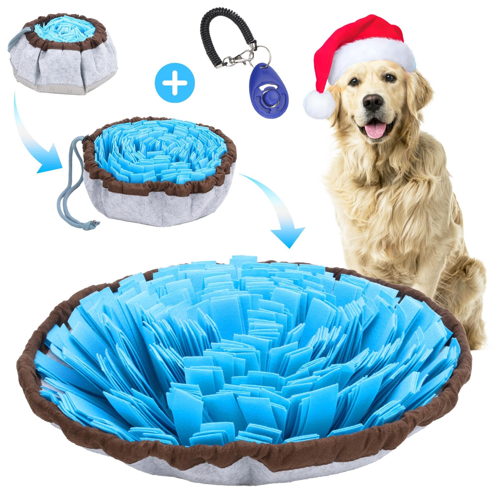 Dog Snuffle Mat Adjustable Big Breed, Puzzle Playthings Dog mental stimulation toys, slow-eating dog toys, stress-relieving dog toys, and small dog enrichment toys for large dogs with Pet Clicker