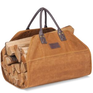 g good gain firewood carrier waxed canvas with leather handles, wood carrier for firewood, 36x18.5 in heavy duty firewood storage tote, fireplace log carrier indoor bag, wood stove accessories. khaki