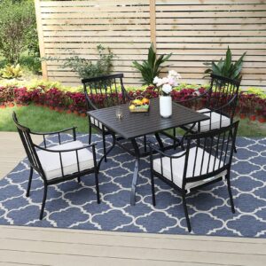 MFSTUDIO 5 Pieces Metal Patio Dining Set, Outdoor Furniture Set with 1 x Square Metal Table and 4 x High-Back Arm Chairs with Cushion (Black)