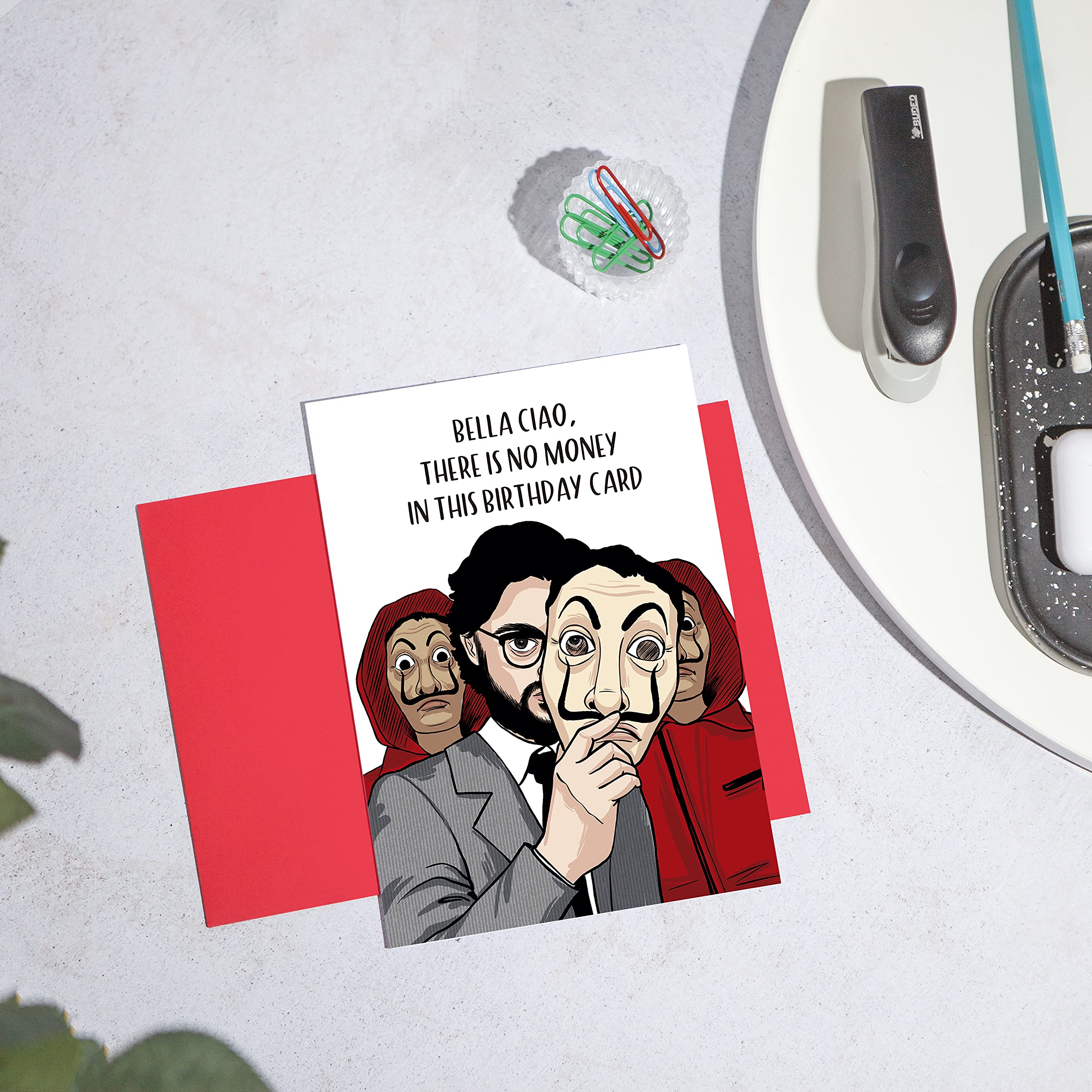 Huxters ‘Bella Ciao’ Humourous Money Heist A5 Happy Birthday Card - Cheeky Gift for Him or Her - Recyclable Paper with Envelope - Fun Greetings Card, FSC Certified and Sustainable