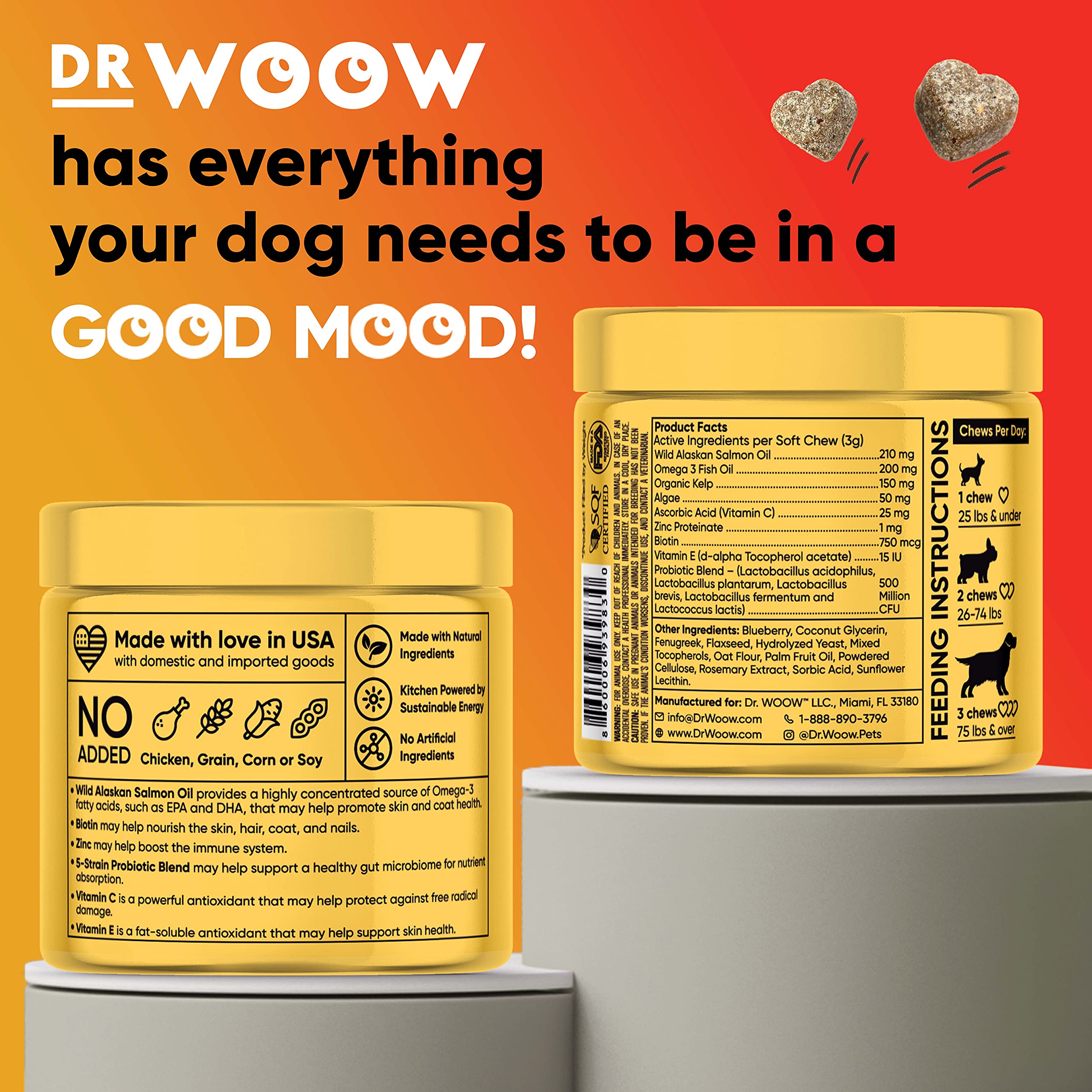 Dr Woow Omega Wild Alaskan Salmon Fish Oil 90 ct Soft Chews for Dog - Anti Itch & Coat + Allergy Support, with Kelp, Biotin, Vitamins, Zinc - Helps Itchy Skin, Dog allergies, May Reduce Shedding