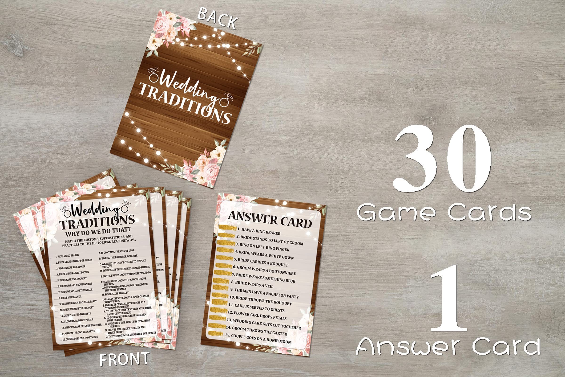 Bridal Shower Game Cards, Wedding Traditions Game, Rustic Wood Pink Floral Engagement Party Cards For Wedding, Set of 30 Cards(brown001)