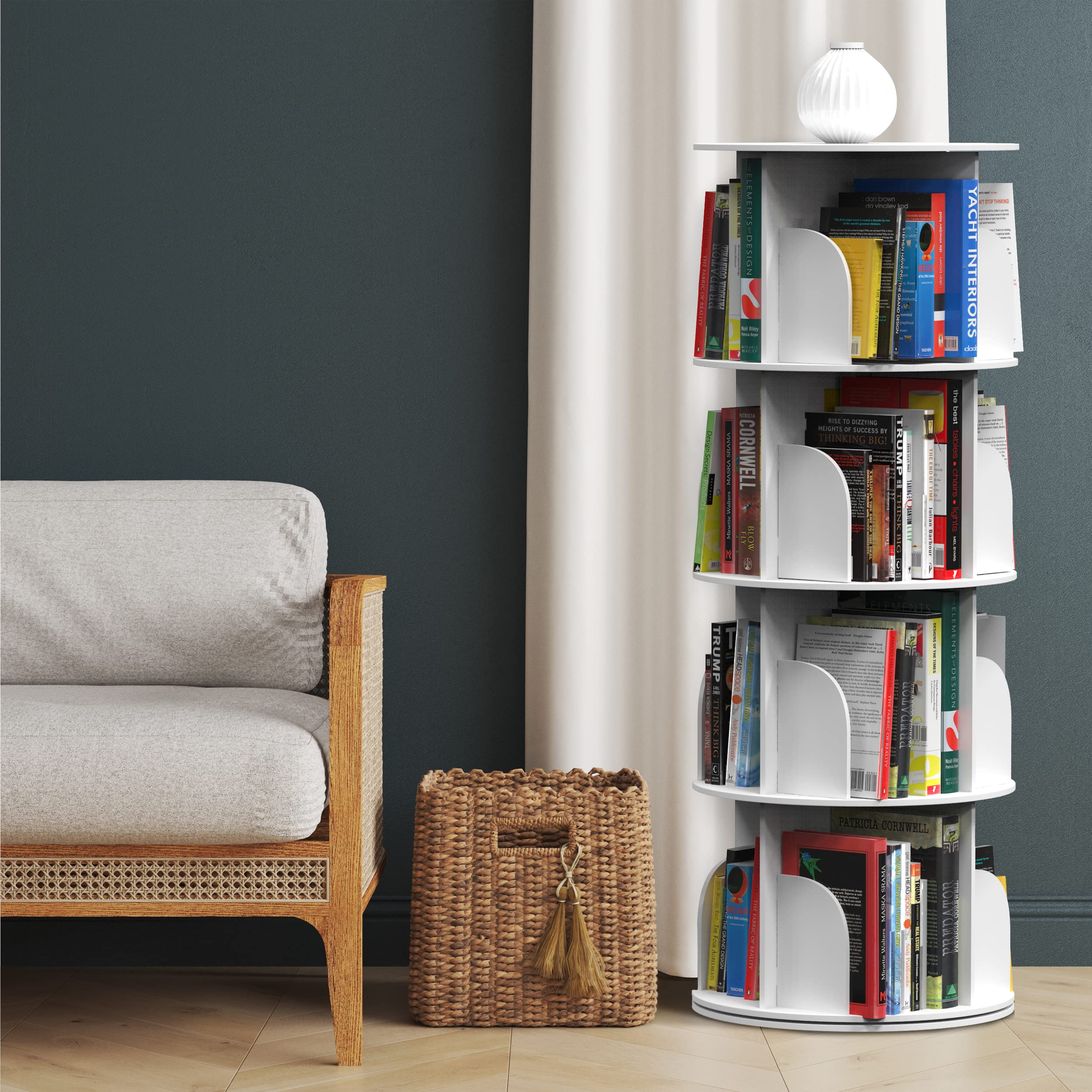 Rotating Bookshelf, Revolving Bookcase, Spinning Book Shelf, 4 Tier, 18.2” W x 50.6” H, White, Wood, 360 Degrees Bookshelves, Floor Stand, Rotation Display Tower, Stackable, Round, for Kids, Children