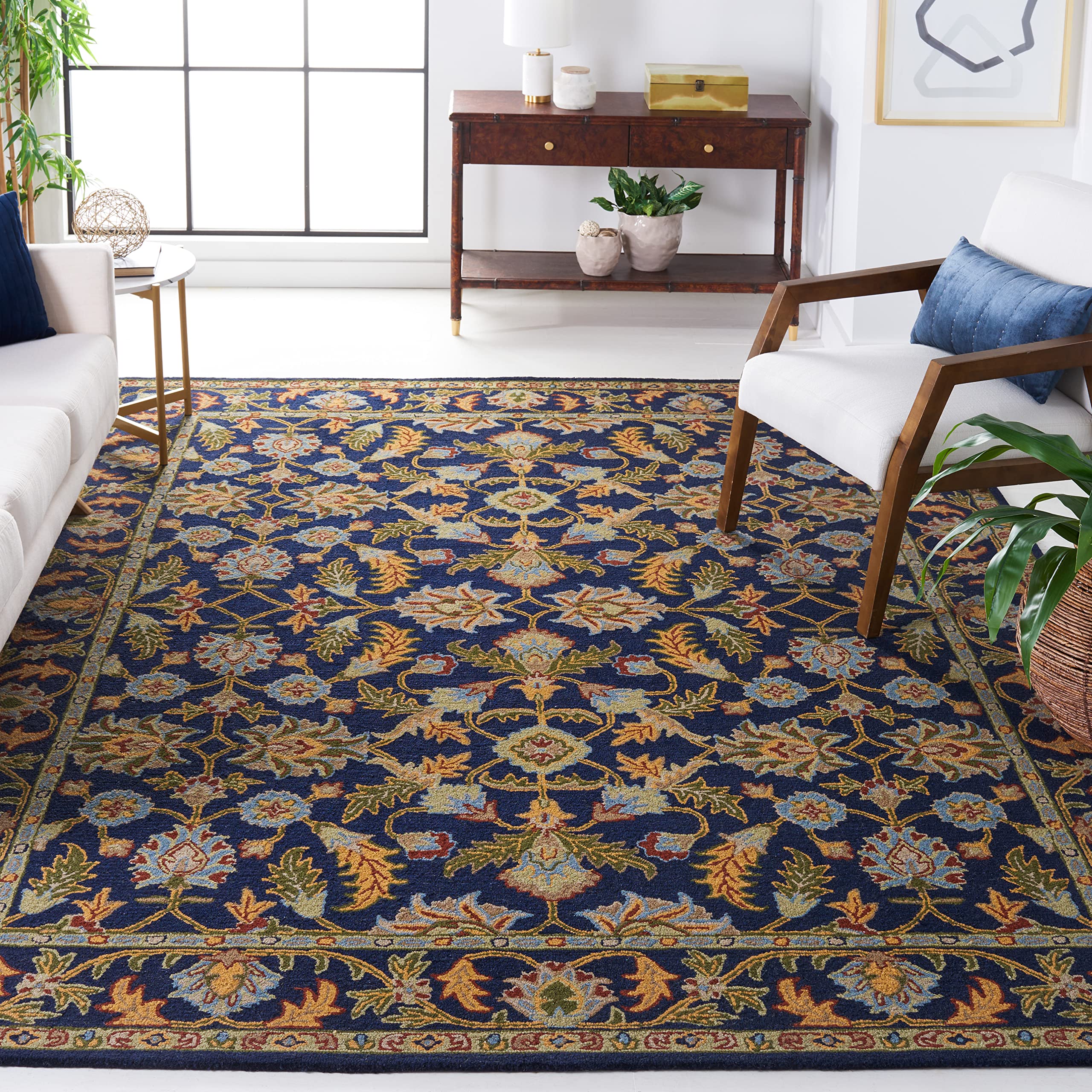 SAFAVIEH Blossom Collection Area Rug - 9' x 12', Navy, Handmade Wool, Ideal for High Traffic Areas in Living Room, Bedroom (BLM219A)