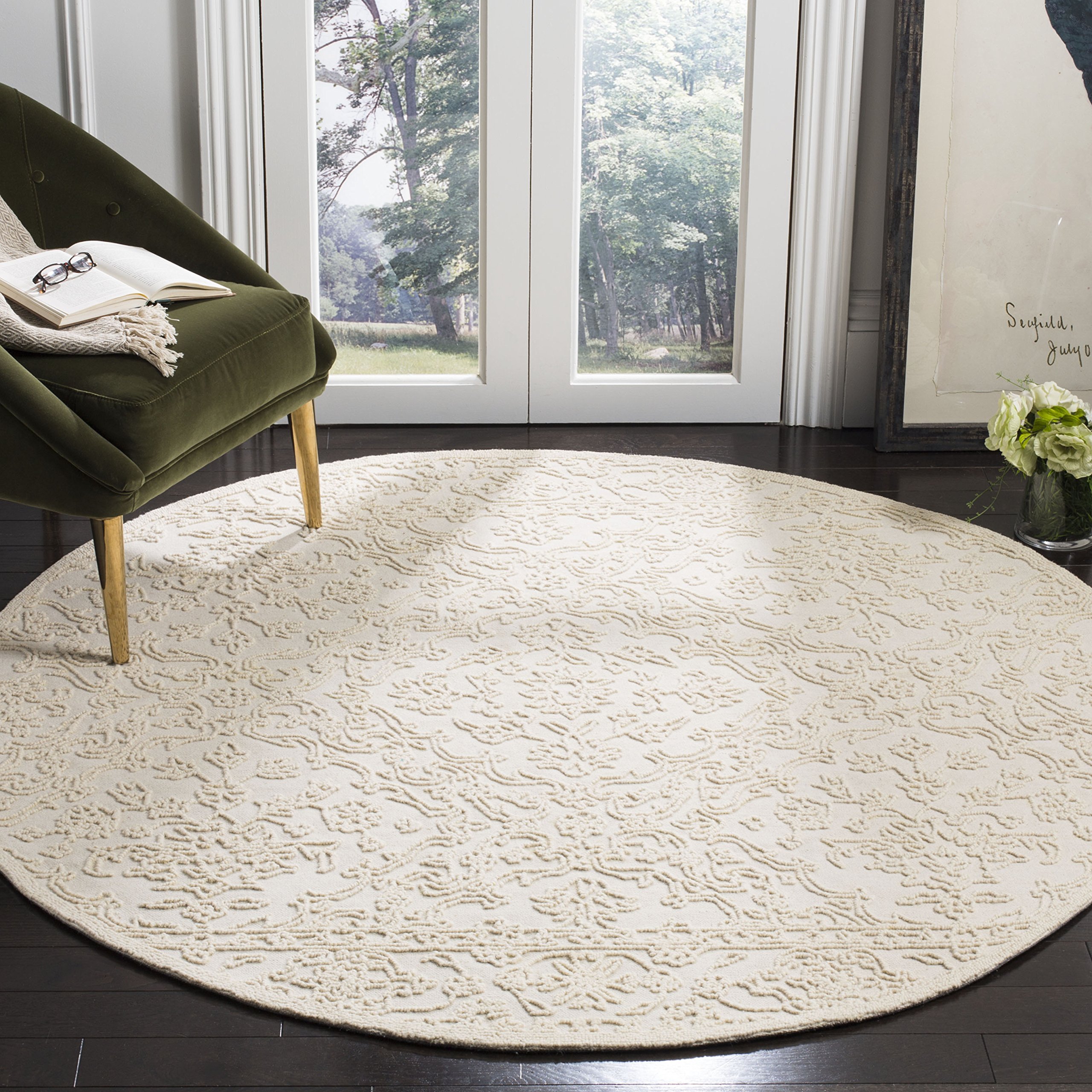 SAFAVIEH Trace Collection 8' Round Ivory TRC102C Handmade Premium Wool Entryway Foyer Living Room Bedroom Kitchen Area Rug