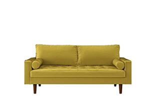 container furniture direct womble mid century modern velvet couch for living room with 3 seater tufted seat and sturdy wood frame, includes bolster pillows, sofa, dijon