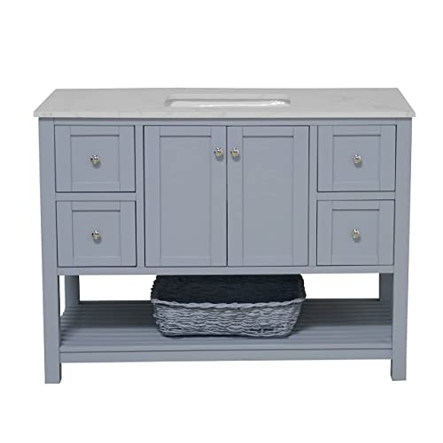 Lakeshore 48-inch Bathroom Vanity (Engineered Carrara/Powder Blue): Includes Powder Blue Cabinet with Engineered Carrara Countertop and White Ceramic Sink