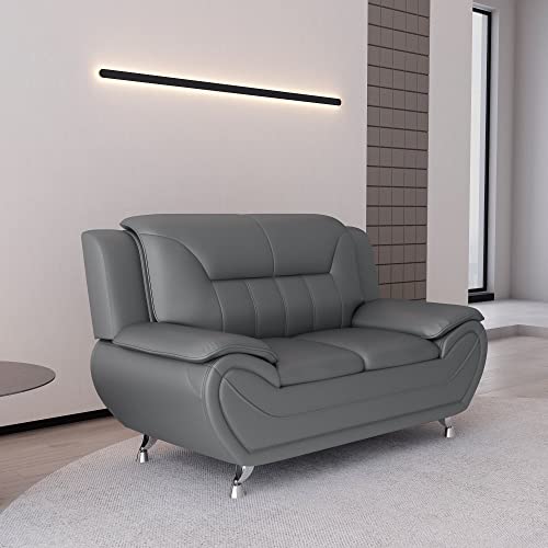 Container Furniture Direct Michael Modern Faux Leather Upholstered Stainless Steel Legs Living Room Loveseat, Gray