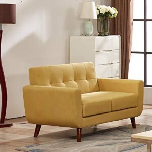 Container Furniture Direct Jenny Linen Uphostered Mid-Century Modern Button Tufted Living Room Loveseat, Mustard Yellow