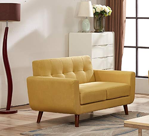 Container Furniture Direct Jenny Linen Uphostered Mid-Century Modern Button Tufted Living Room Loveseat, Mustard Yellow