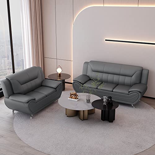 Container Furniture Direct Michael Modern Faux Leather Upholstered Stainless Steel Legs Living Room Loveseat, Gray