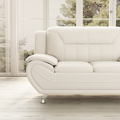 Container Furniture Direct Michael Modern Faux Leather Upholstered Stainless Steel Legs Living Room Loveseat, Cream White