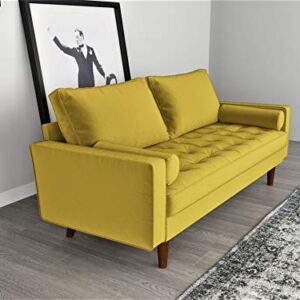 Container Furniture Direct Womble Mid Century Modern Velvet Couch for Living Room with 3 Seater Tufted Seat and Sturdy Wood Frame, Includes Bolster Pillows, Sofa, Dijon