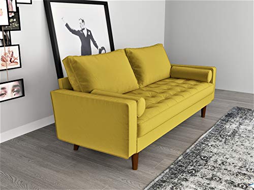 Container Furniture Direct Womble Mid Century Modern Velvet Couch for Living Room with 3 Seater Tufted Seat and Sturdy Wood Frame, Includes Bolster Pillows, Sofa, Dijon