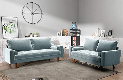 Container Furniture Direct Womble Velvet Upholstered Living Room Diamond Tufted Chesterfield Sofa with Gleaming Nailheads, Teal Blue