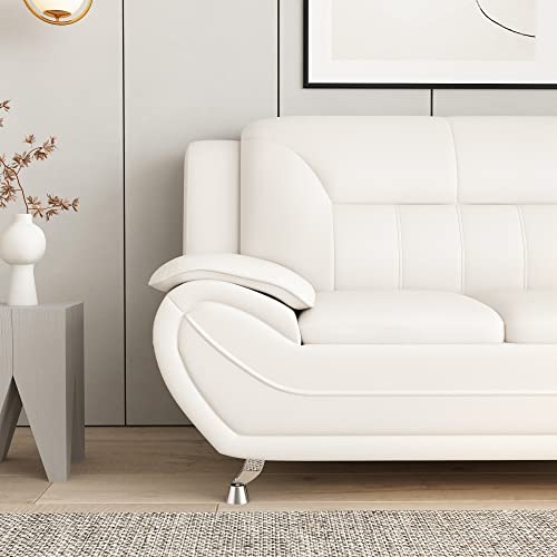 Container Furniture Direct Michael Modern Faux Leather Upholstered Stainless Steel Legs Living Room Loveseat, Cream White