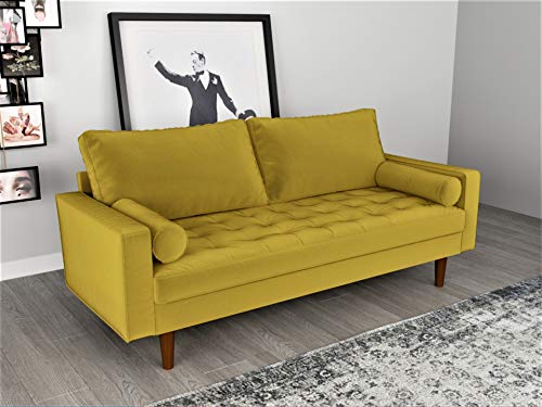 Container Furniture Direct Womble Mid Century Modern Velvet Couch for Living Room with 3 Seater Tufted Seat and Sturdy Wood Frame, Includes Bolster Pillows, Sofa, Dijon