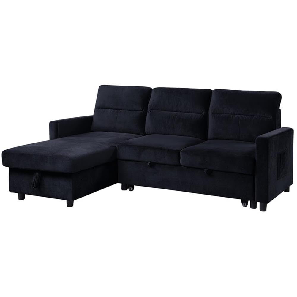 BOWERY HILL Black Velvet Reversible/Sectional Sleeper Sofa with Storage Chaise