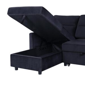 BOWERY HILL Black Velvet Reversible/Sectional Sleeper Sofa with Storage Chaise