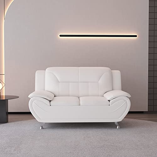 Container Furniture Direct Michael Modern Faux Leather Upholstered Stainless Steel Legs Living Room Loveseat, Cream White