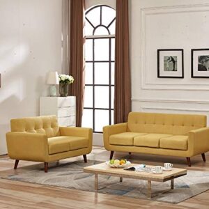 Container Furniture Direct Jenny Linen Uphostered Mid-Century Modern Button Tufted Living Room Loveseat, Mustard Yellow