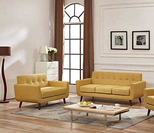 Container Furniture Direct Jenny Linen Uphostered Mid-Century Modern Button Tufted Living Room Loveseat, Mustard Yellow