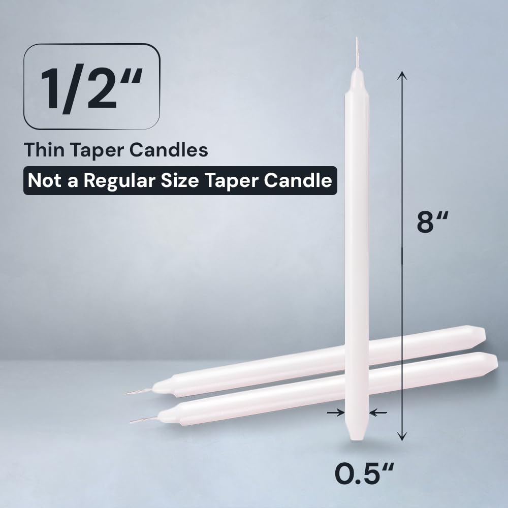 OLEEK Taper 1/2 inch Candles - Pack of 10 Unscented, 8 Inch Tall Candles - 1/2 inch Candles - Taper Candle - 1/2 inch White candlesticks