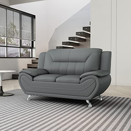 Container Furniture Direct Michael Modern Faux Leather Upholstered Stainless Steel Legs Living Room Loveseat, Gray