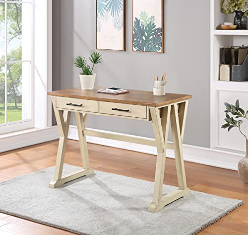 OSP Home Furnishings Jericho Rustic 42 Inch Writing Desk with 2 Drawers and Burnished Decorative Hardware, Antique White