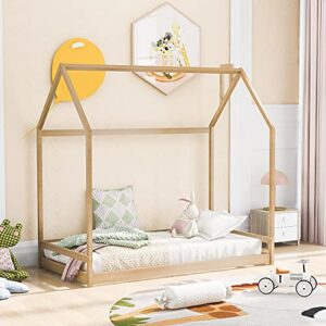 merax twin size wood house bed, wooden bedframe with roof for kids, teens, boys or girls, natural