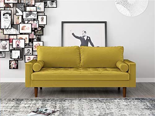 Container Furniture Direct Womble Mid Century Modern Velvet Couch for Living Room with 3 Seater Tufted Seat and Sturdy Wood Frame, Includes Bolster Pillows, Sofa, Dijon