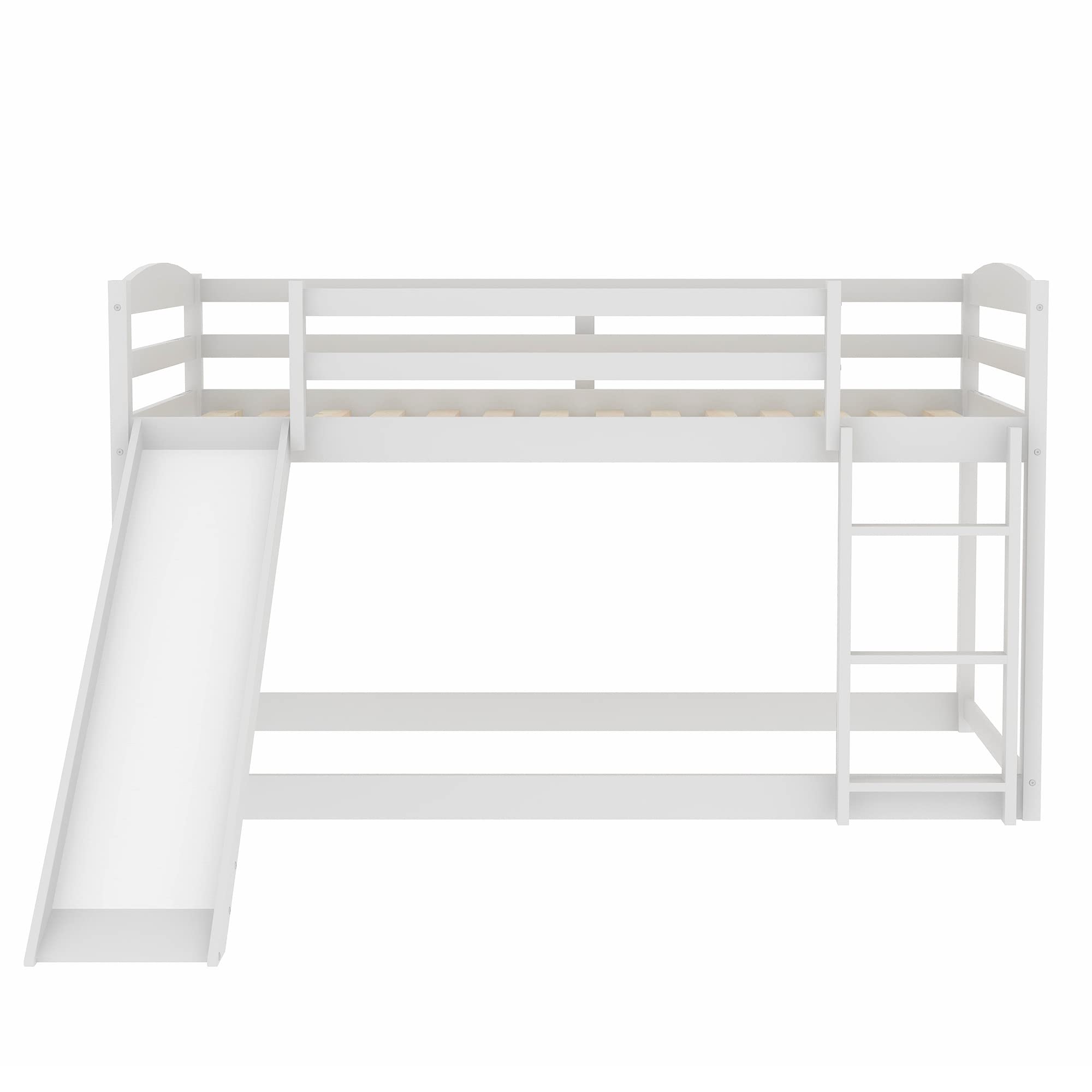 Low Bunk Beds Twin Over Twin Bunk Bed with Slide and Ladder, Wooden bunk Bed for Toddlers Kids Boys Girls (White)