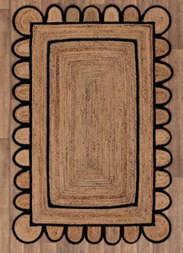 ROYAL ARTS & CRAFTS 2x3,3x5,4x6,5x7,6x9,8x10,9x12 Black Color Scalloped Design Jute Rug Kitchen Rug/ Patio Rug/ Hallway Rug/ Entryway Rug/ Outdoor Rug (3x4 Ft Area Rug)