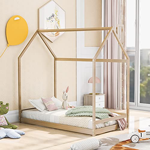 Merax Twin Size Wood House Bed, Wooden Bedframe with Roof for Kids, Teens, Boys or Girls, Natural