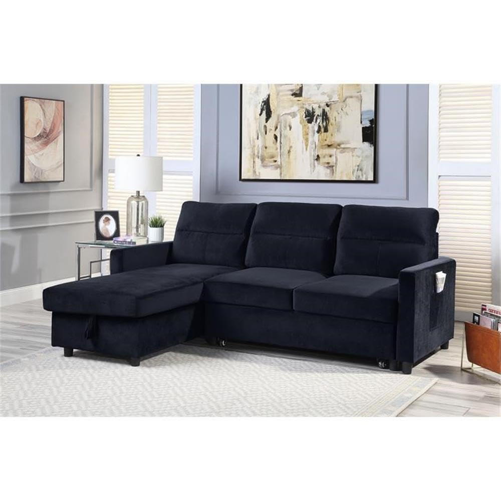 BOWERY HILL Black Velvet Reversible/Sectional Sleeper Sofa with Storage Chaise