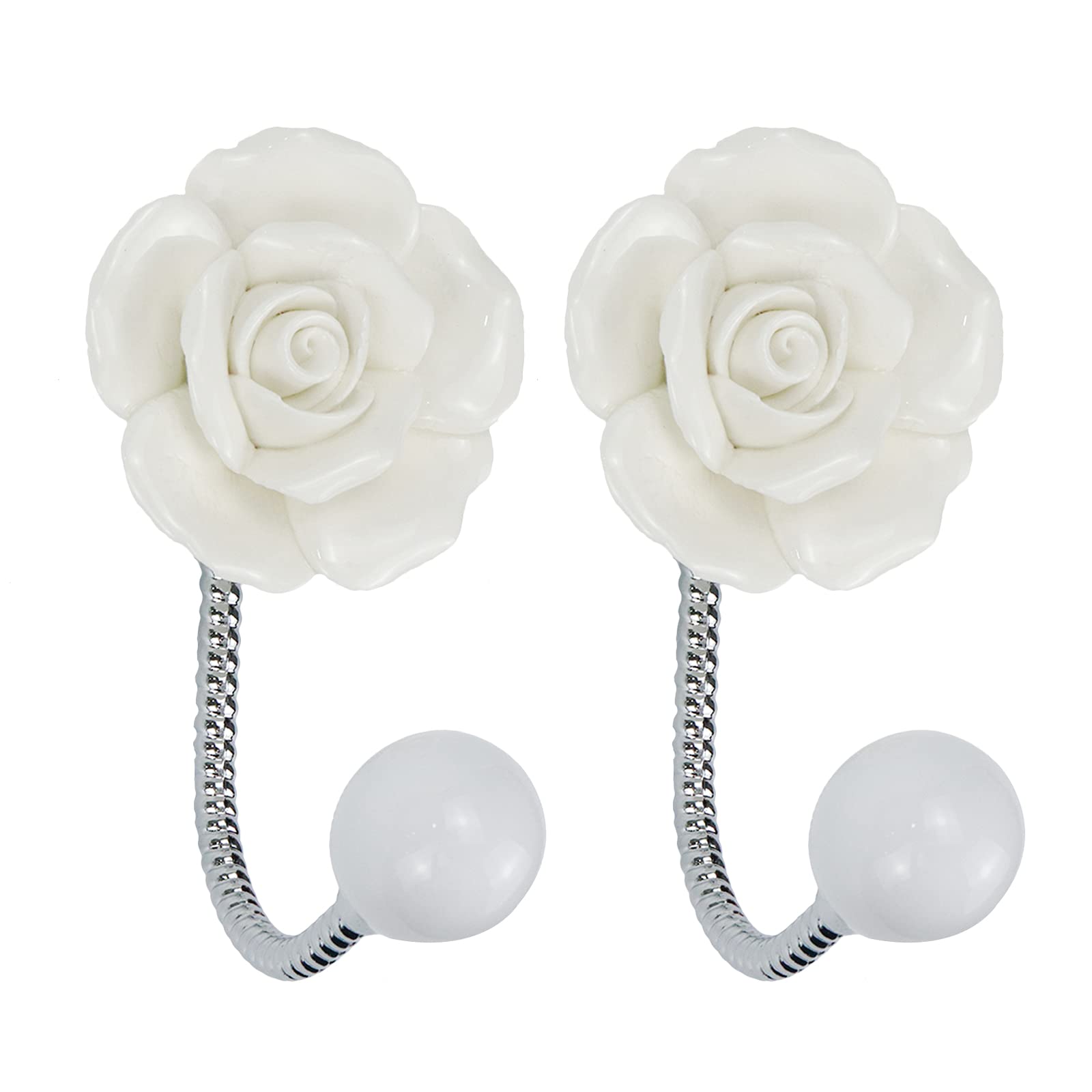 Woogim 2PCS White Rose Hanger Hooks Flower Wall Decor Ceramic Coat Hook Decorative Flower Wall Mounted Hooks for Kitchen Bathroom Bedroom