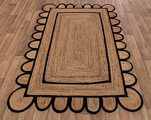 ROYAL ARTS & CRAFTS 2x3,3x5,4x6,5x7,6x9,8x10,9x12 Black Color Scalloped Design Jute Rug Kitchen Rug/ Patio Rug/ Hallway Rug/ Entryway Rug/ Outdoor Rug (3x4 Ft Area Rug)