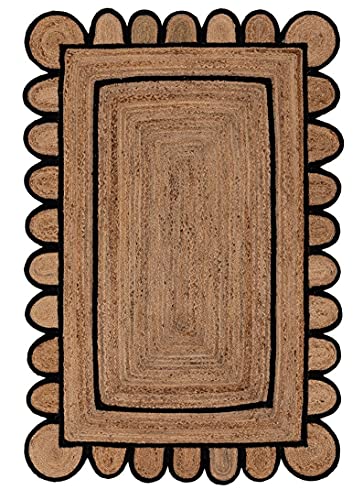 ROYAL ARTS & CRAFTS 2x3,3x5,4x6,5x7,6x9,8x10,9x12 Black Color Scalloped Design Jute Rug Kitchen Rug/ Patio Rug/ Hallway Rug/ Entryway Rug/ Outdoor Rug (3x4 Ft Area Rug)