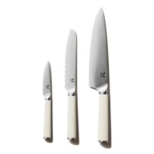 material kitchen knife set, 8 inch chef knife, 6 inch serrated bread knife, 4 inch small paring knife, japanese inspired carbon stainless steel knife set, sharp professional chef's knife, cool neutral