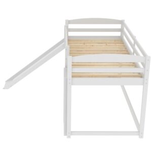 Low Bunk Beds Twin Over Twin Bunk Bed with Slide and Ladder, Wooden bunk Bed for Toddlers Kids Boys Girls (White)