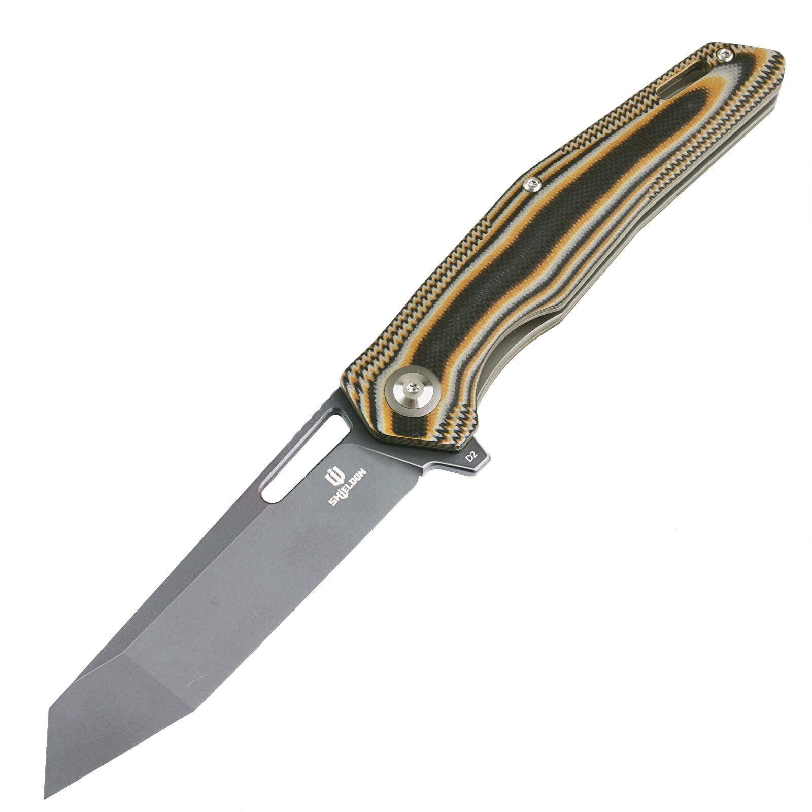 SHIELDON Boa Pocket Knife 3.82" Tanto Titanium Coating D2 Blade G10 Handle Thumb Hole Flipper Open Folding Knife with Pocket Clip for Outdoor Daily Carry