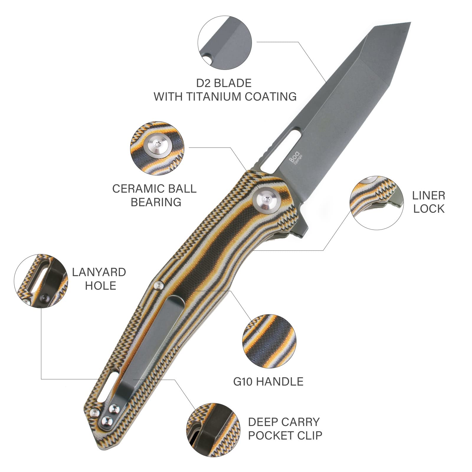 SHIELDON Boa Pocket Knife 3.82" Tanto Titanium Coating D2 Blade G10 Handle Thumb Hole Flipper Open Folding Knife with Pocket Clip for Outdoor Daily Carry